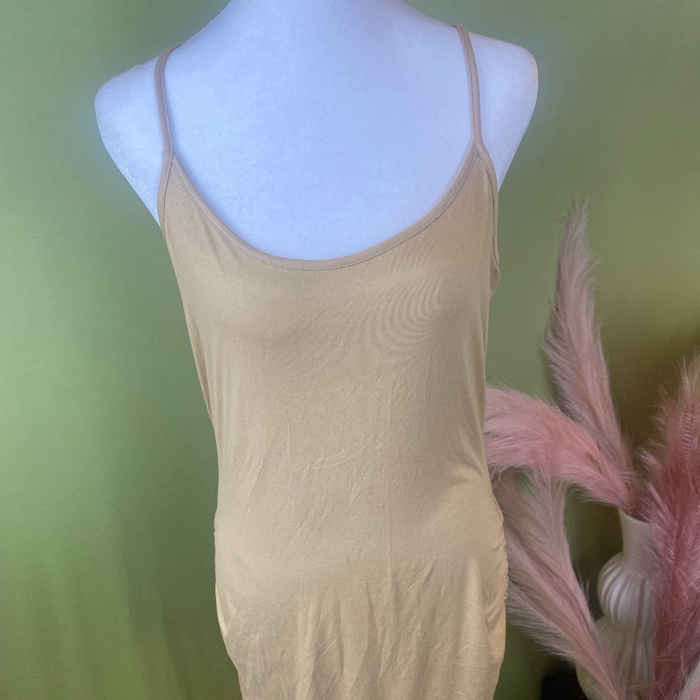 Women’s Tan Bodycon Midi Dress XL Stretch Spaghetti Strap Nude Fitted